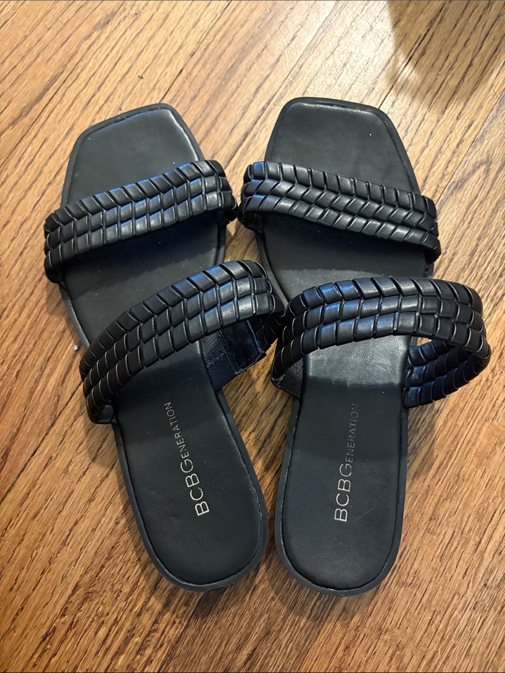 BCBGeneration Black Braided Double-Strap Slide Sandals